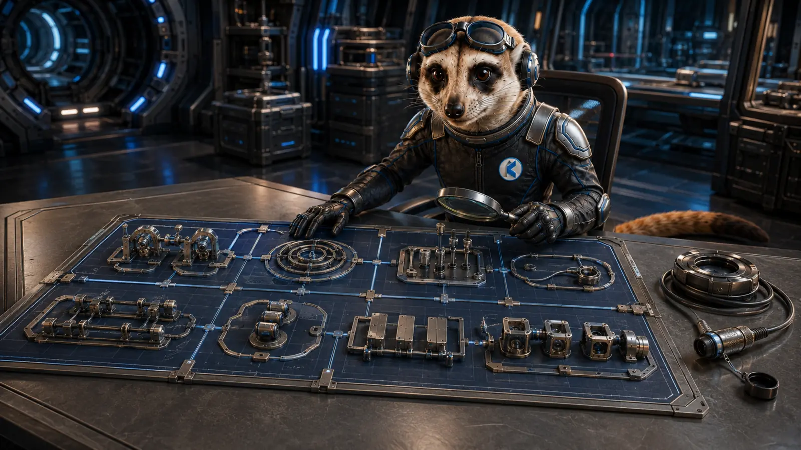 The meerkat evaluating a typed SDK prototype inside a safe test chamber.