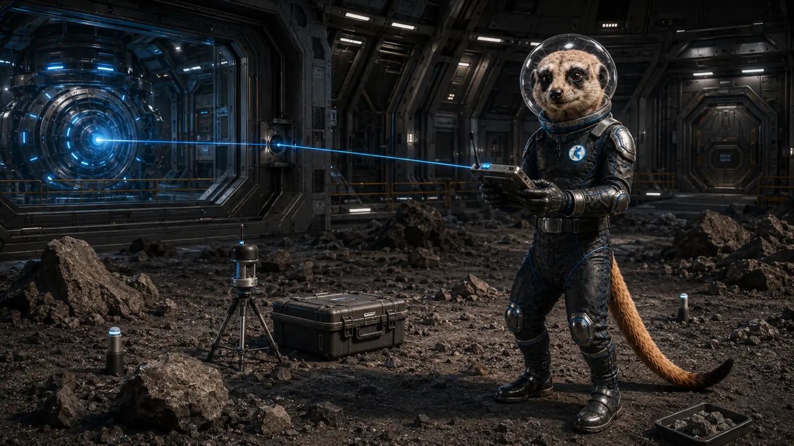 The meerkat testing a rugged native handheld prototype in a simulated alien field environment.