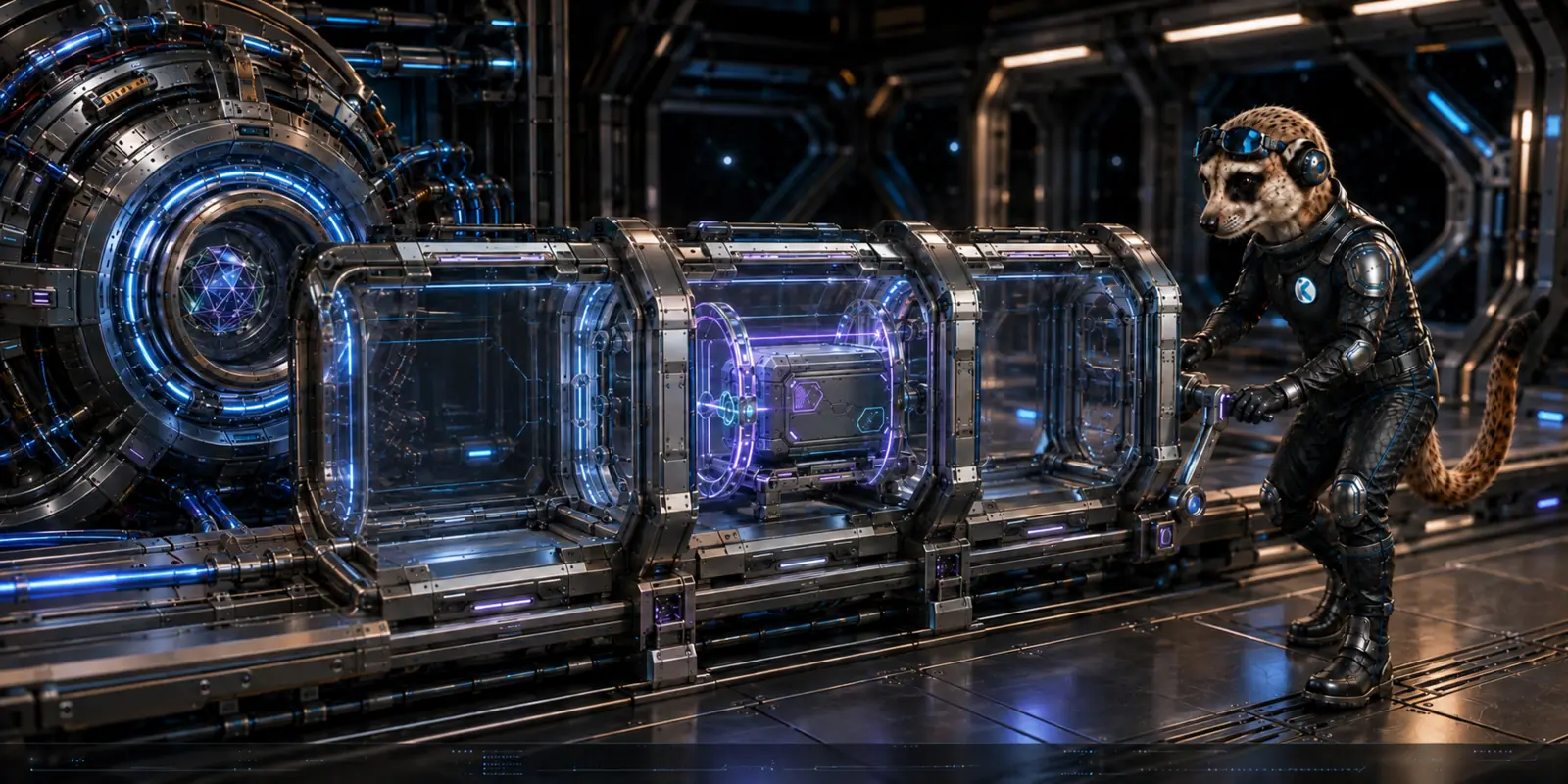 The Kumwe meerkat guiding a sealed capability module through a governed docking sequence.
