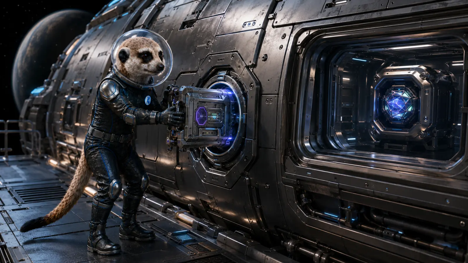 The meerkat securing a bounded owner-controlled module to a stable spacecraft.