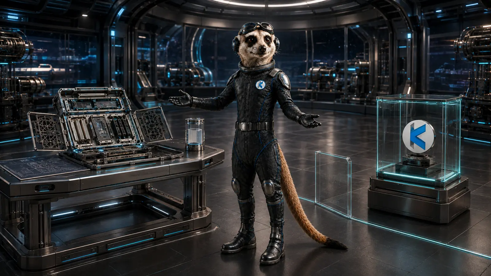 The meerkat standing between reusable open code and the separately protected Kumwe brand.
