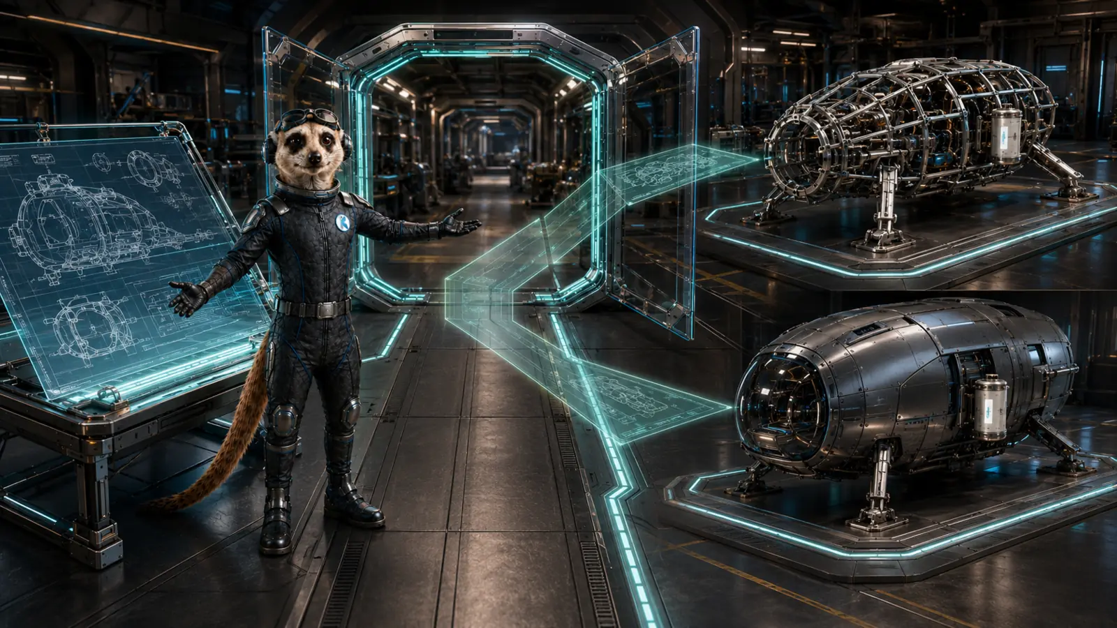 The meerkat releasing an open blueprint toward both open and closed construction paths.