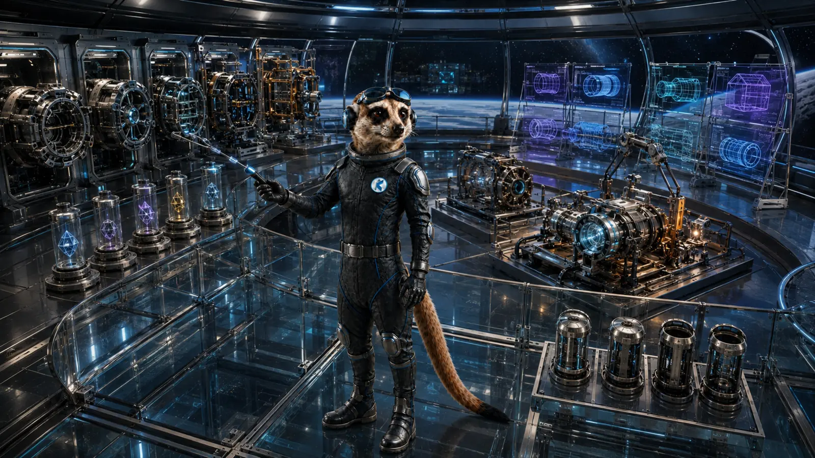 The meerkat inspecting public source modules, tests, releases and proposals through an open engineering bay.