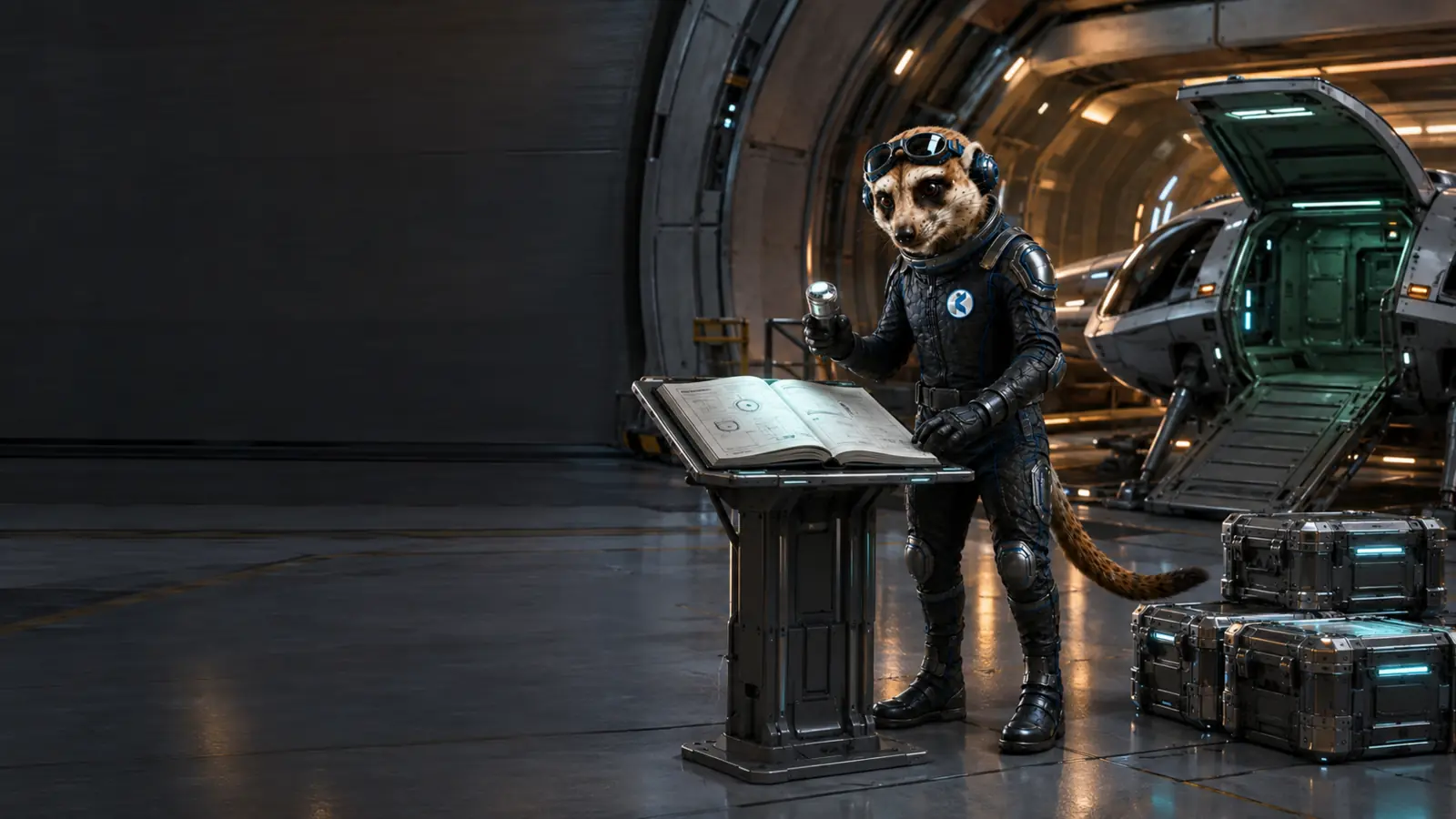 The meerkat reviewing licence and notice materials before loading software for distribution.
