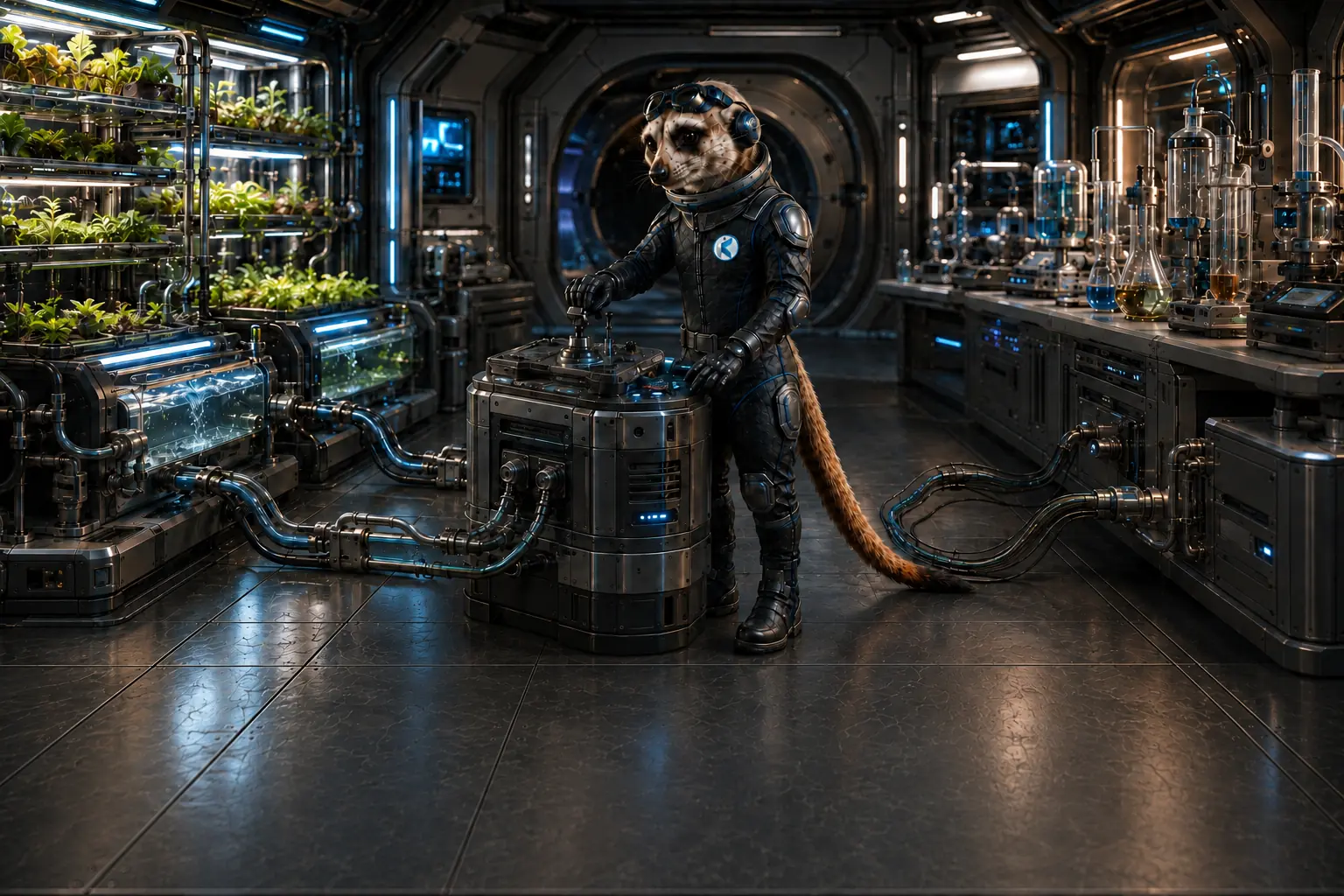 The Kumwe meerkat engineer governing an aquaponics system and laboratory from one shared spacecraft control.