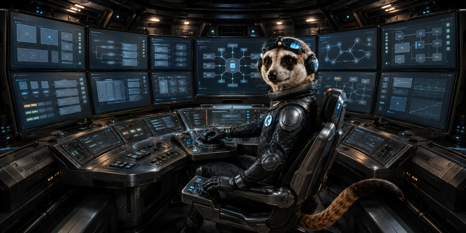 The meerkat monitoring content and business operations across a panoramic control centre.
