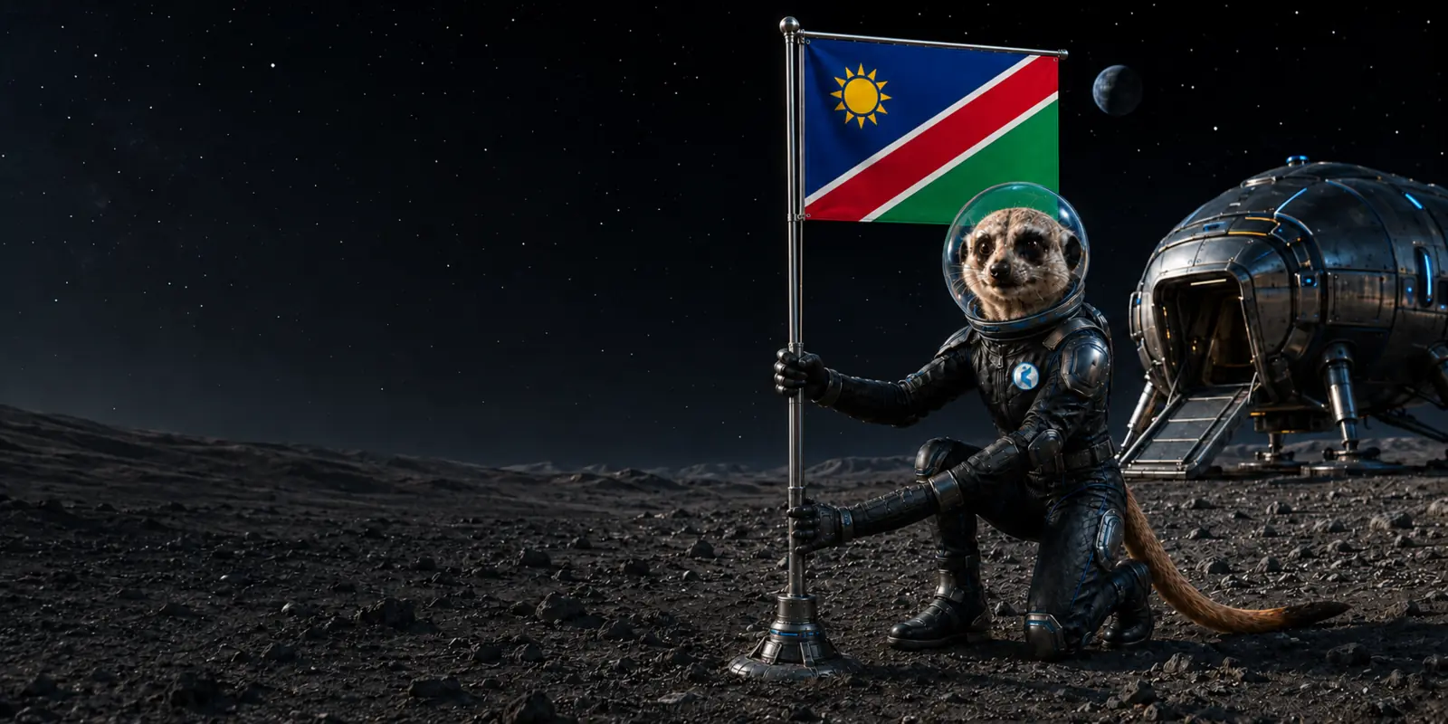 The Kumwe meerkat beside a landed exploration craft and Namibian flag on a peaceful alien surface.