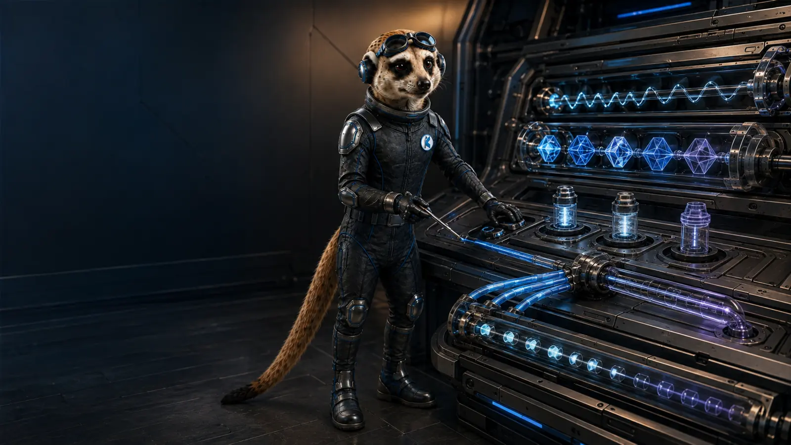 The meerkat inspecting solid engineering evidence and translucent future plans on an open console.