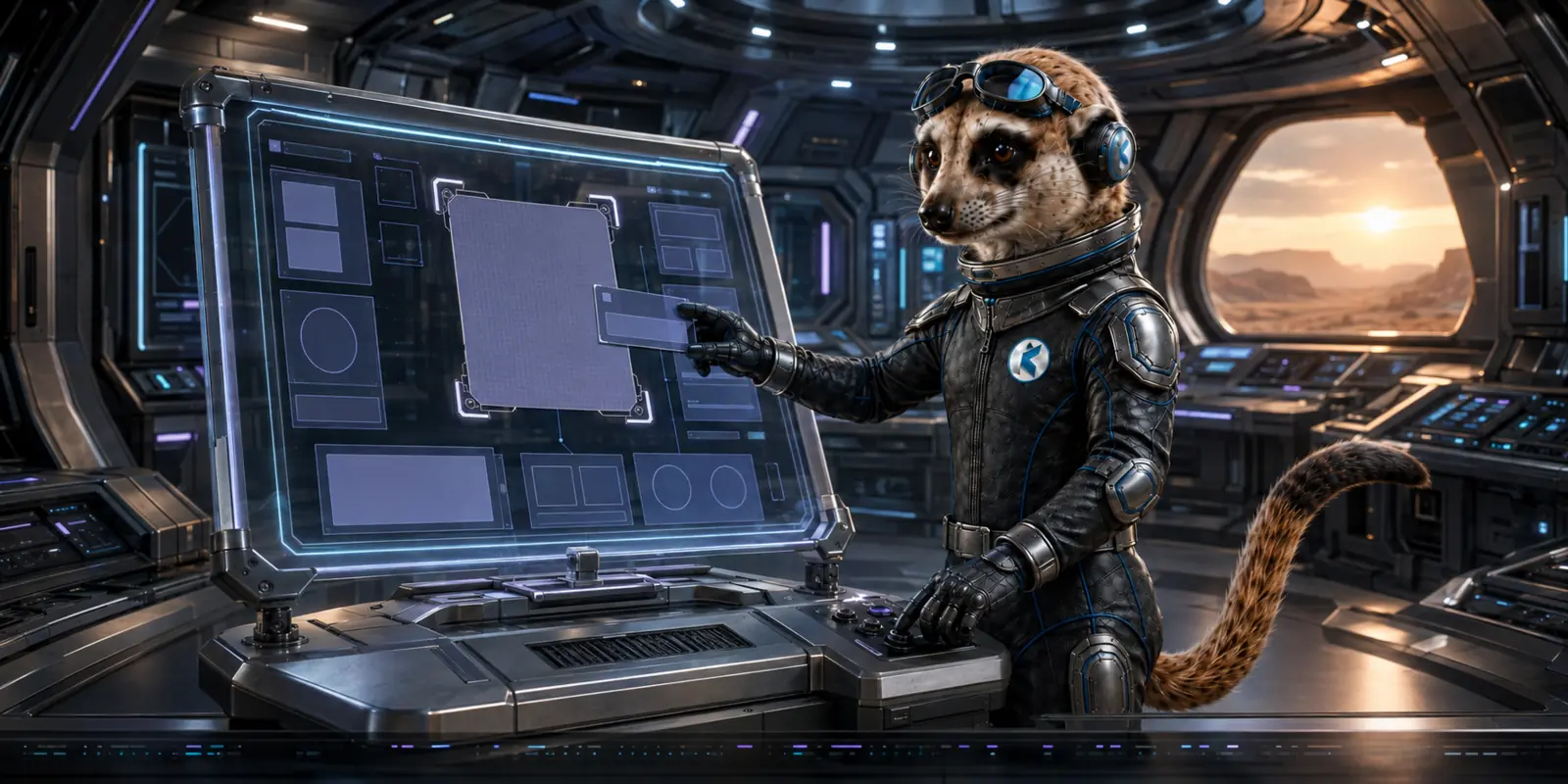 The Kumwe meerkat arranging contextual content and layout blocks in a spacecraft design studio.